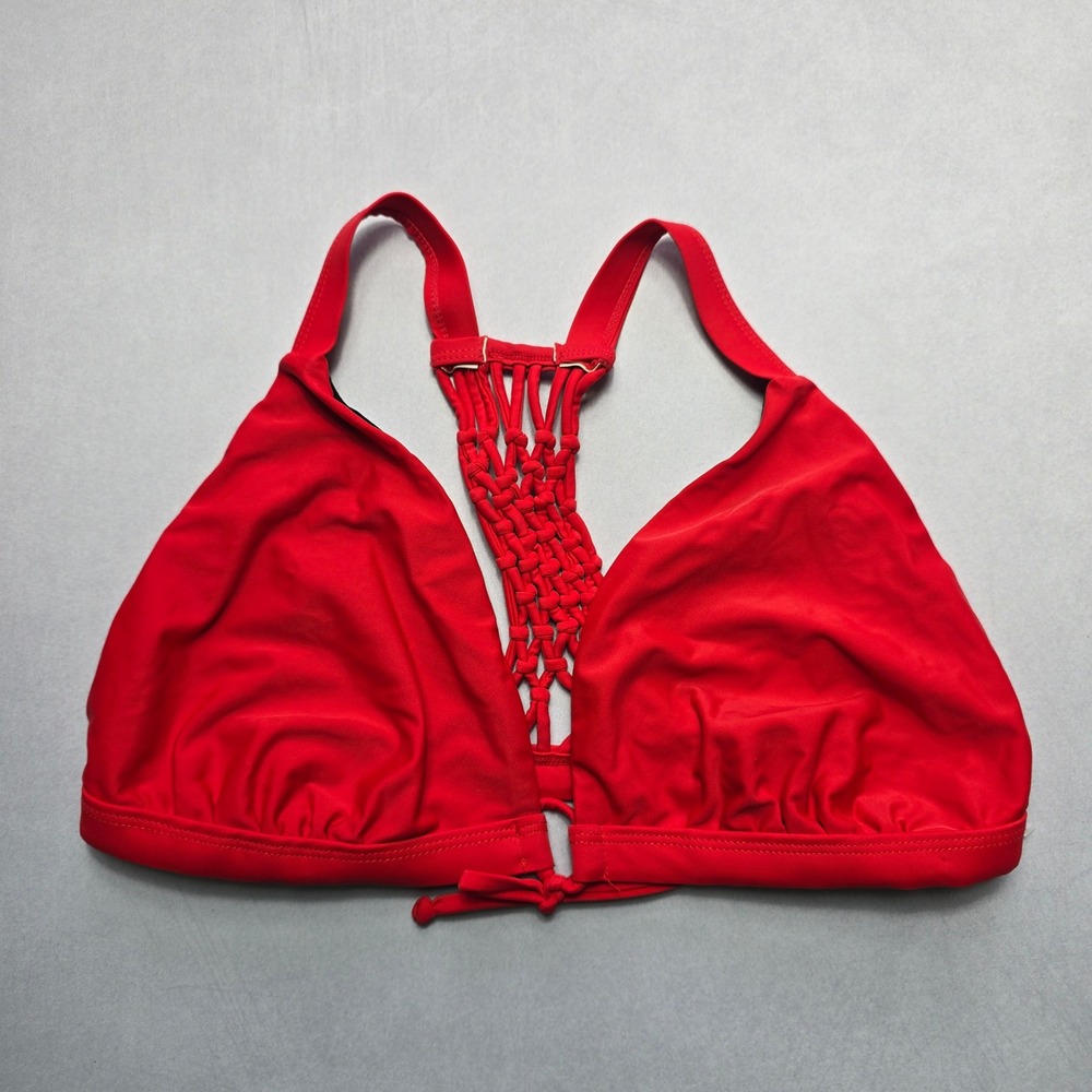 Red Crochet Tie Boho Racerback Swim Sports Bra Beach Bralette Bikini Top L Large